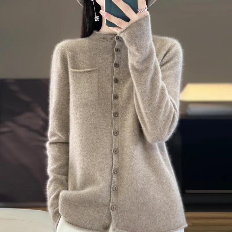 Женский кардиган из кашемира с круглым вырезом, кашемир Qinghe, 30% кашемира, 70% шерсти, зимний вязаный свитер, осенний свитер из кашемира M