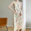Vestido de verano de seda con cuello halter para mujer, vestido con cuello en V, estampado floral, sexy