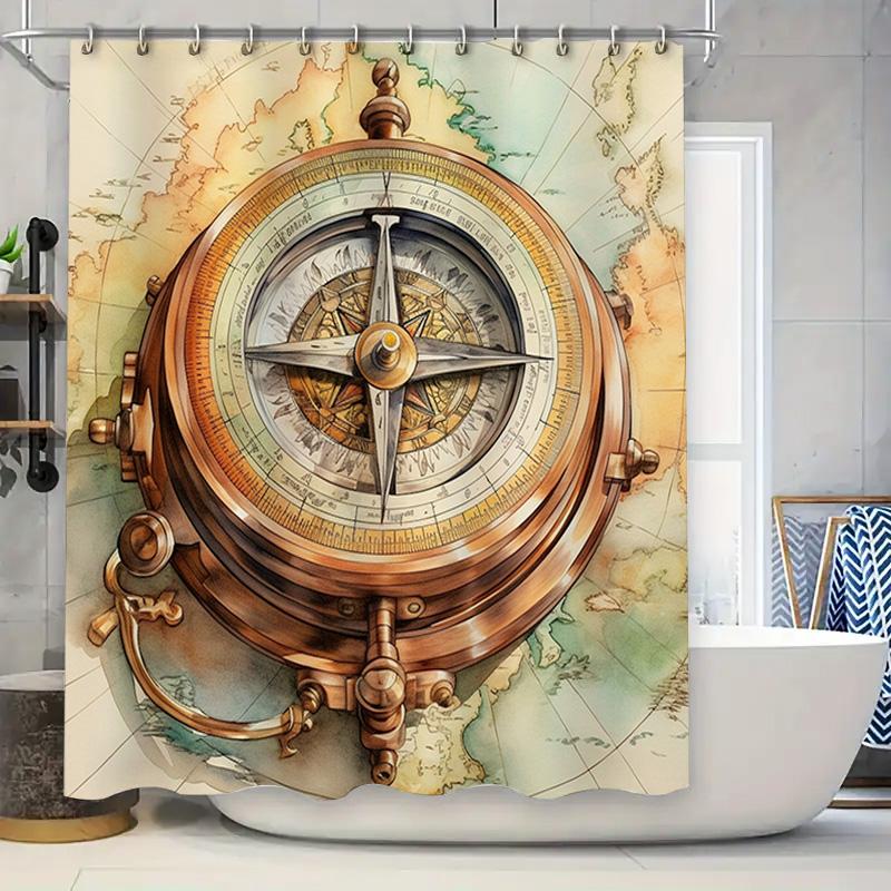 

Antique Compass Waterproof Shower Curtain Vintage Nautical Map Decor For Bathroom Rustic Brown Yellow Print Fabric Shower Panel W60H190(CM)-1 Pcs