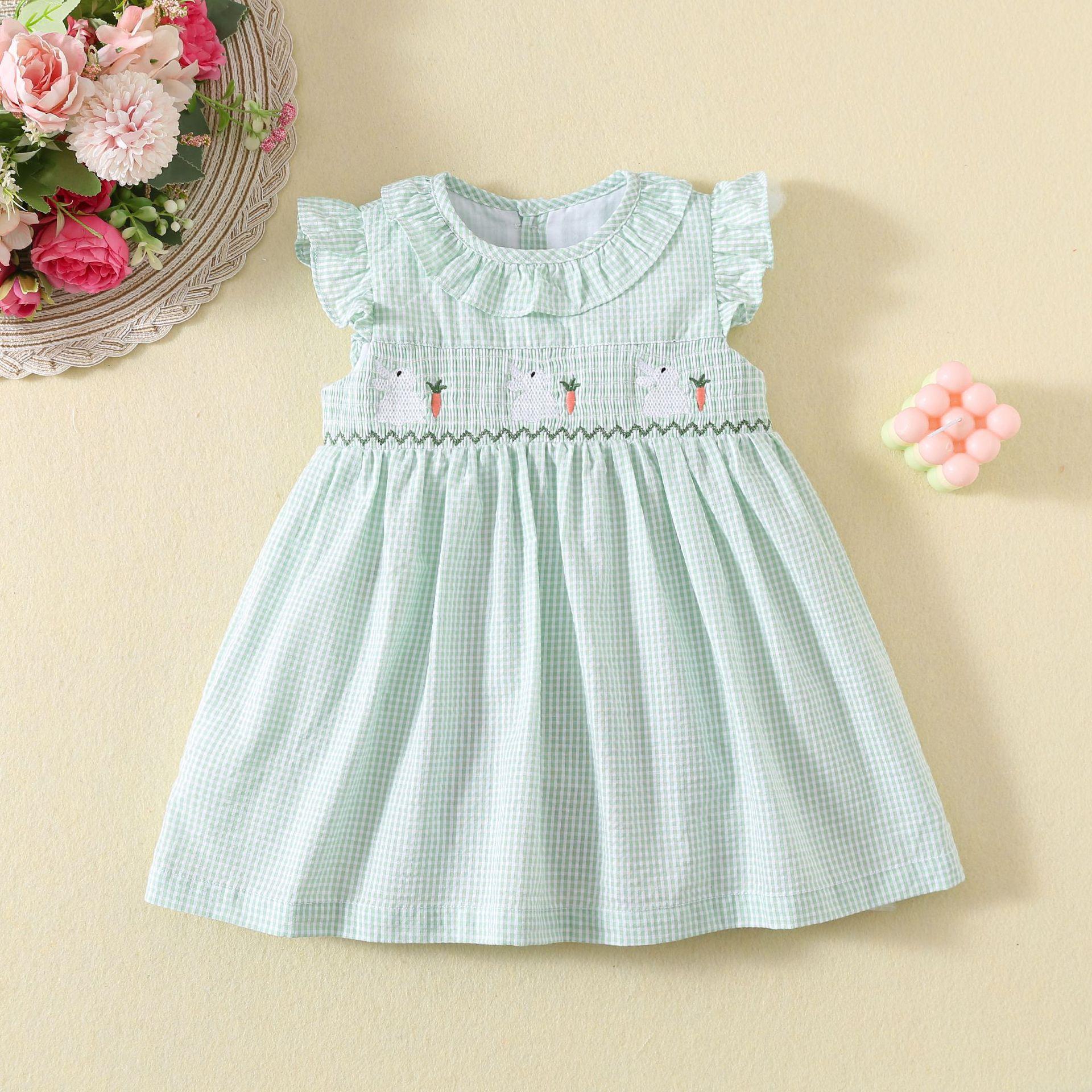 Girls Summer Green Plaid Smocked Dress Cute Rabbit Embroidery Cotton Princess Dress For Kids 80cm зелёный