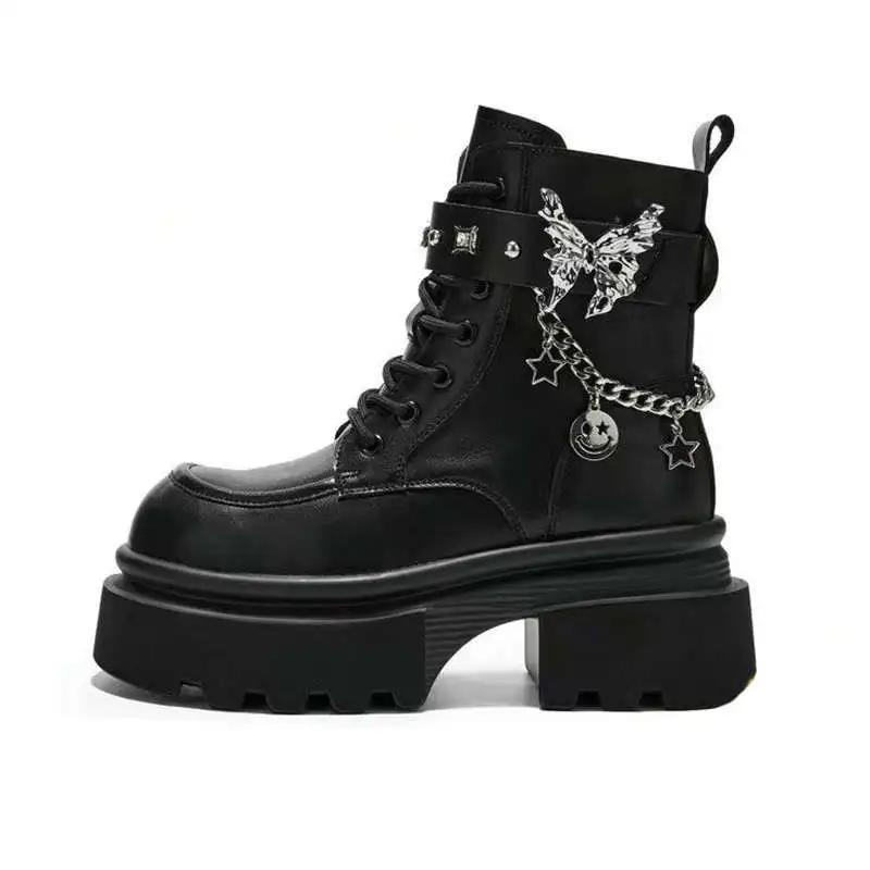 

Модные весенне-летние новые короткие ботинки на толстой подошве, жареные уличные мотоциклетные ботинки, новые ботинки с цепочкой и высоким чувством, женские 35 чёрный