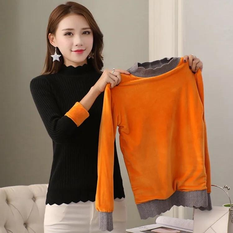 Maglioni da donna in peluche a collo mezzo alto aderenti, maglioni a manica lunga in maglia tinta unita casual autunnali invernali, taglie grandi