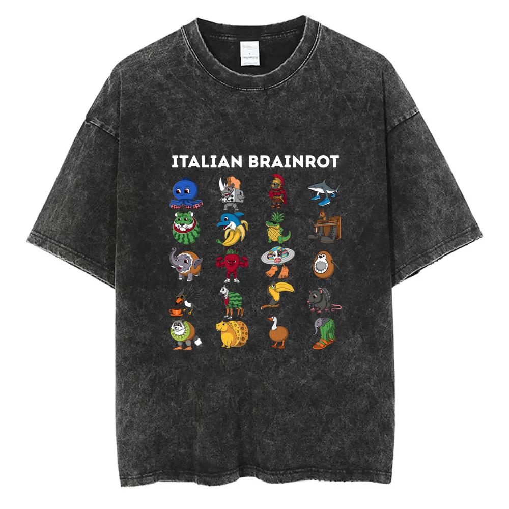 Funny Italian Brainrot Vintage Washed Tshirt Six Seven Number Tshirt Men Women Casual Oversized Streetwear Male Casual Tees