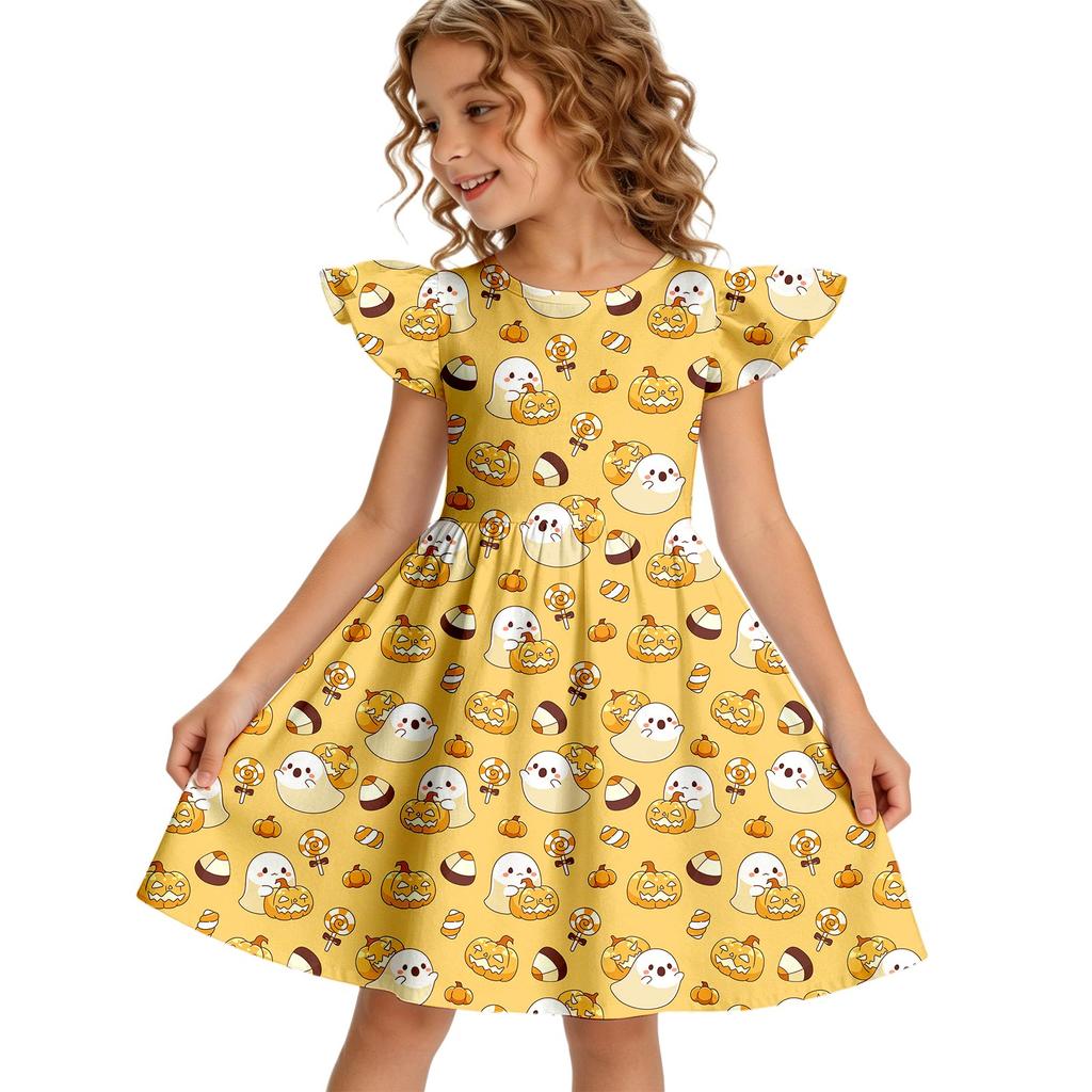 Girls Halloween Dress , Casual Round Neck Ruffled Sleeve Dress for Toddler Kids , Cute Party Dress for Holiday Celebration , Perfect for Costume Party