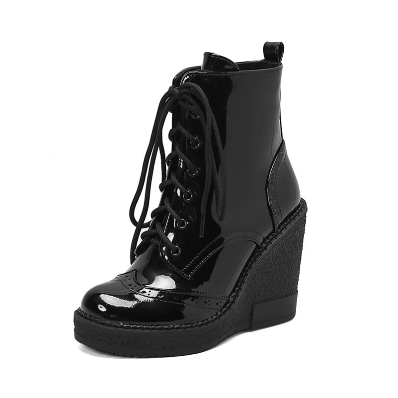 

ANNYMOLI/женские ботильоны, армейские ботинки с круглым носком на танкетке, высоком каблуке и платформе, на шнуровке, женская модная повседневная обувь, зимняя черная обувь 44 35 чёрный