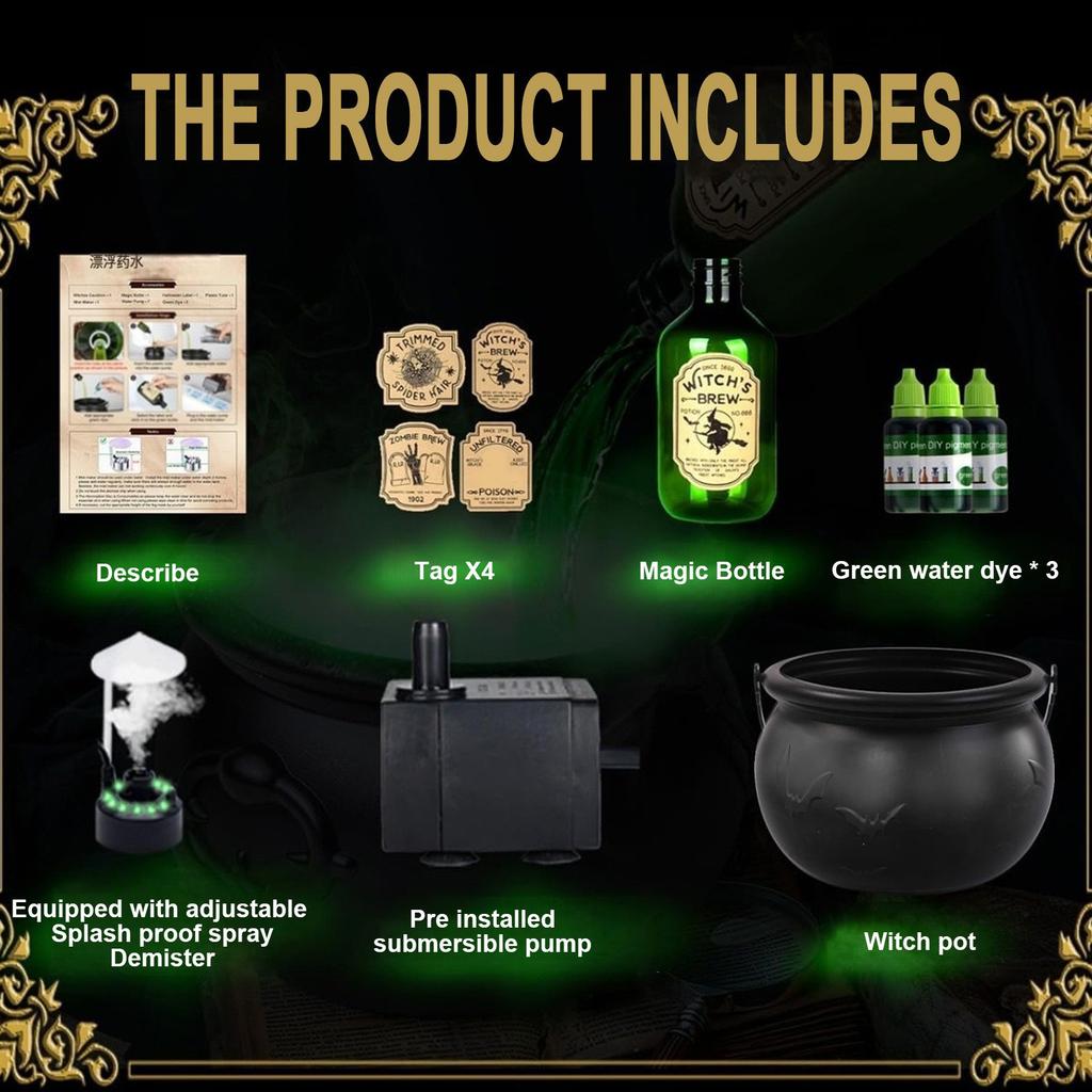 Halloween Decorations Indoor - Witch's Cauldron With Magical Bottles & Fog Maker, Floating Potion DIY, Party Decoration, Halloween Party Decor 50ml