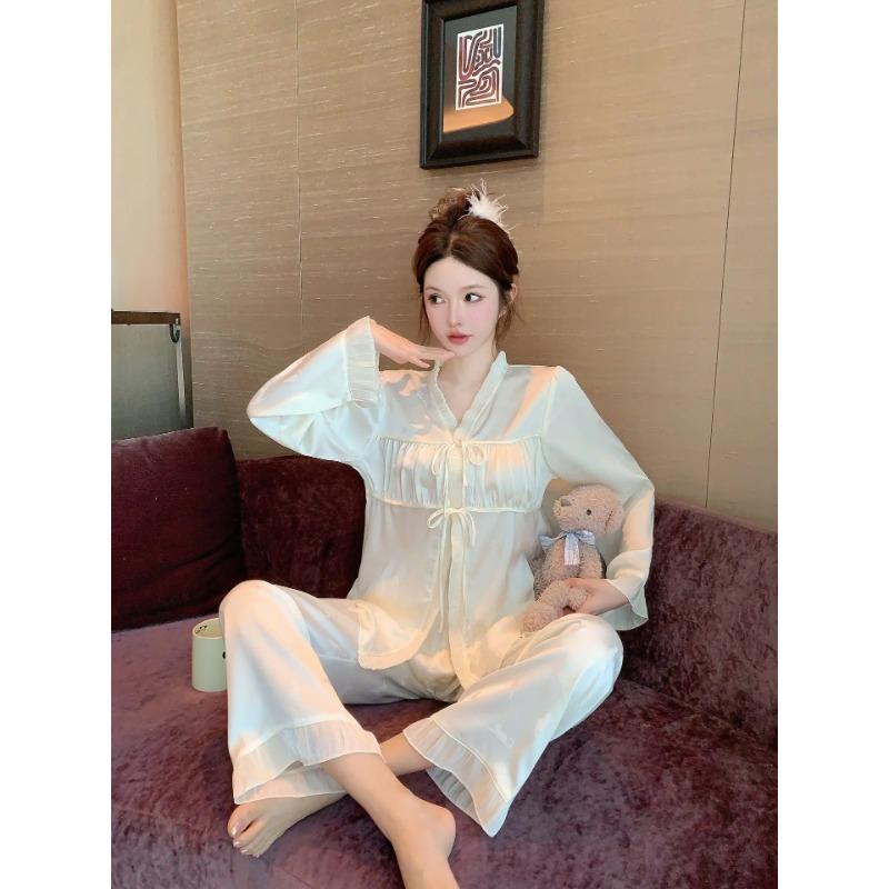 

Пижама Ice Silk весна и осень женский костюм с длинным рукавом из французского шелка тонкая домашняя одежда XXL белый