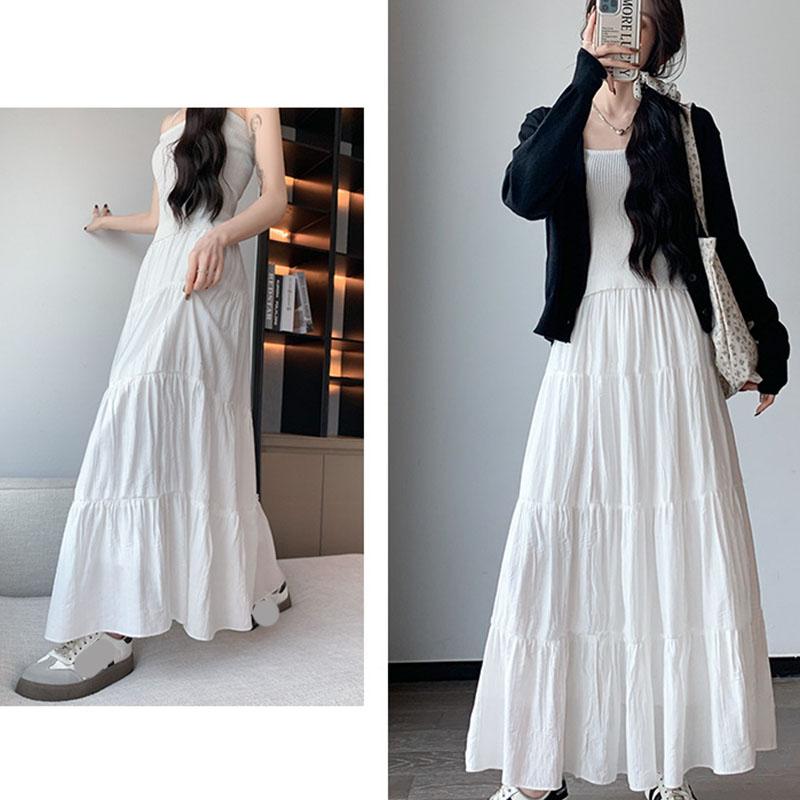 Spring Summer Women Long Skirts Fashion High Waist Elastic Patchwork A-Line Skirt Casual All-Match White Cake Maxi Skirts Female