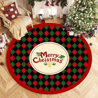 Checkerboard Christmas Round Carpet Vintage Argyle Mat with Merry Christmas Letter Holiday Non-Slip Rug for Party Decor