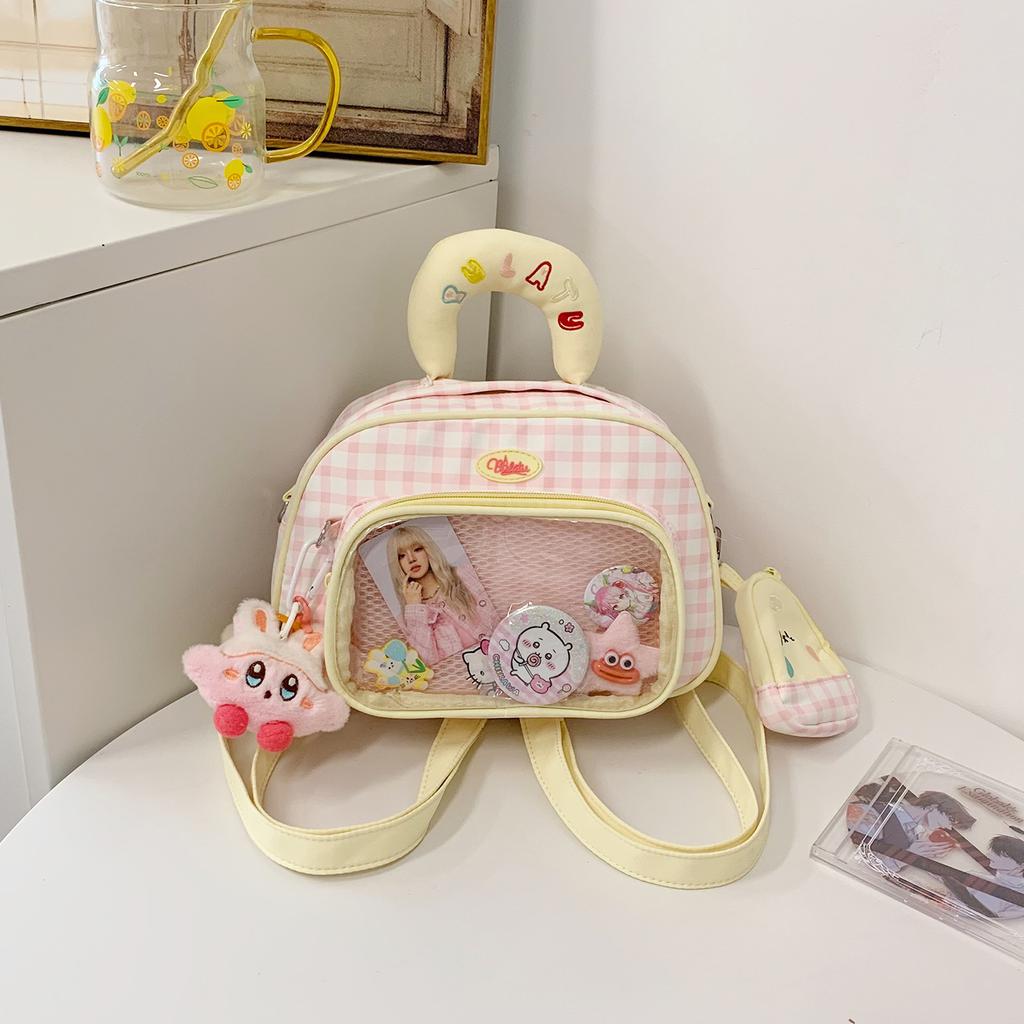 Schoolbag Korean ins wind transparent pain bag plaid oblique straddle bag going out commuting backpack girl shopping versatile shoulder bag