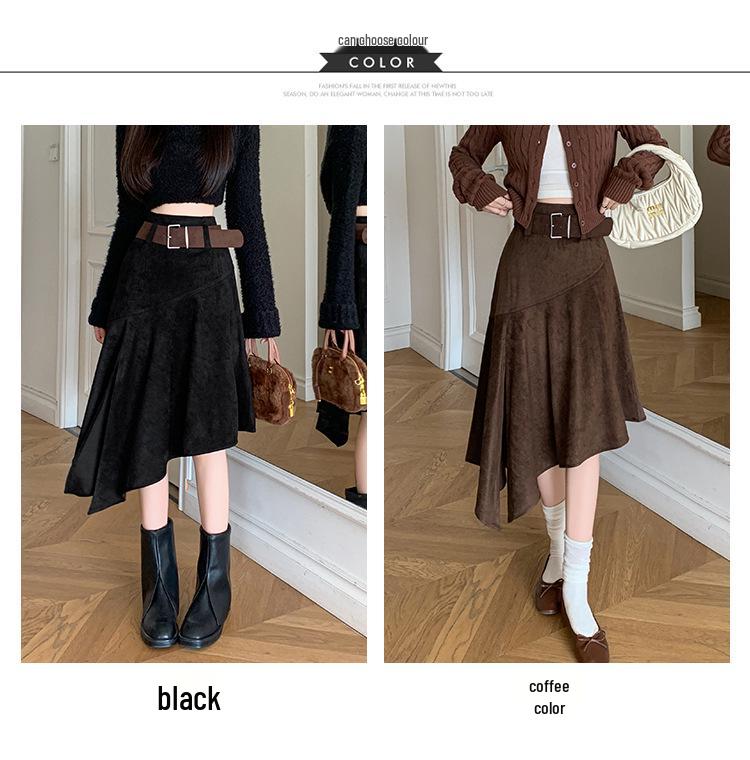 Elegant Suede Midi Skirt with Irregular Slit - Women's Autumn/Winter Fashion