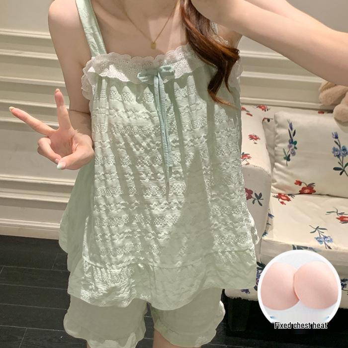 2026 Summer Woven Cloud Cotton Pajama Set with Chest Pads - Women’s Sweet Princess Cami Home Wear