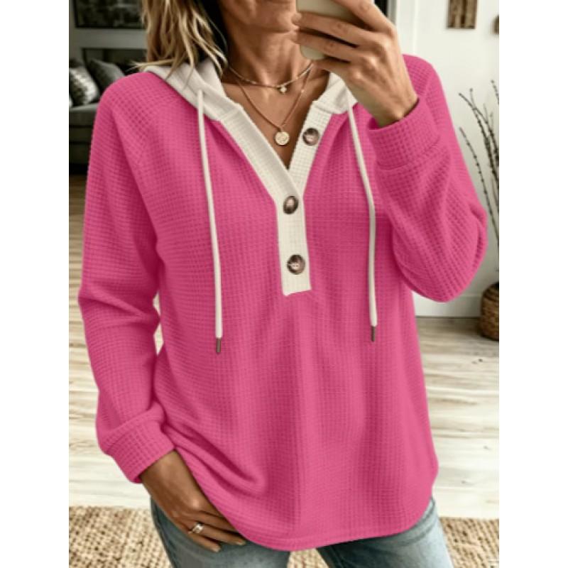 2026 Long Sleeve Hooded Sweatshirt Waffle Knit Button V-Neck Pullover Casual Wear