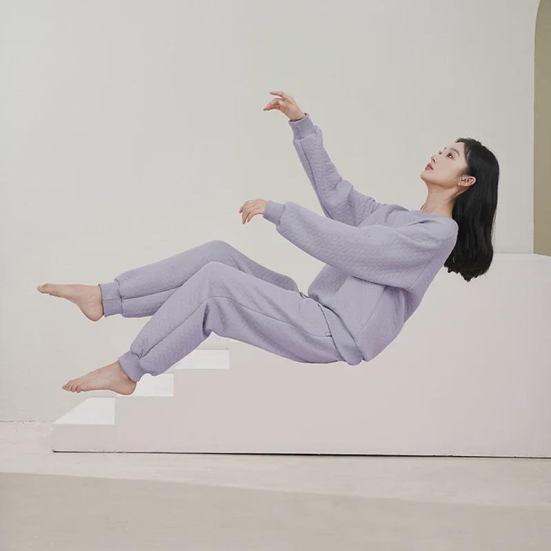 Pijama de bumbac matlasat cu mânecă lungă pentru femei - Groasă, Mărime mare pentru toamnă/iarnă