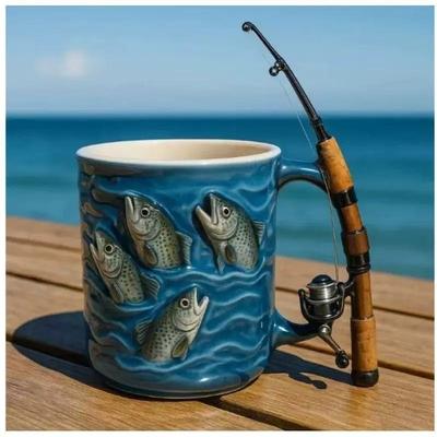 Fish Mug | Funny Fishing Rod & Reel Design Coffee Mug | Fisherman Tea Coffee Resin Cup with Comfortable Grip | Christmas Gift for Dad Husband