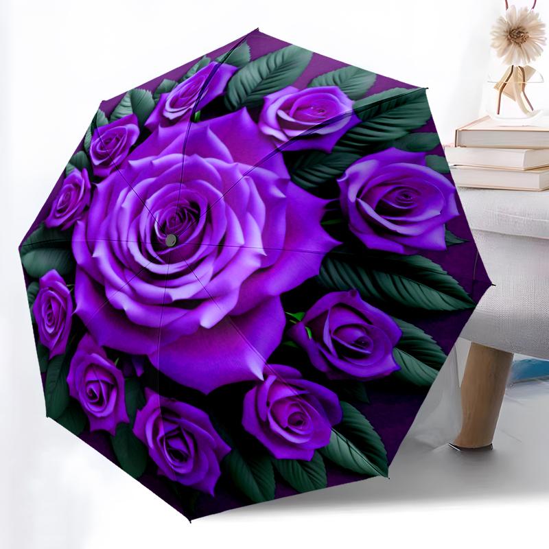 

1pc Sturdy 8-Bone Auto Umbrella, Purple Blue Rose Umbrella, Digital Printed, Foldable Umbrella for On-the-Go Outdoor Use