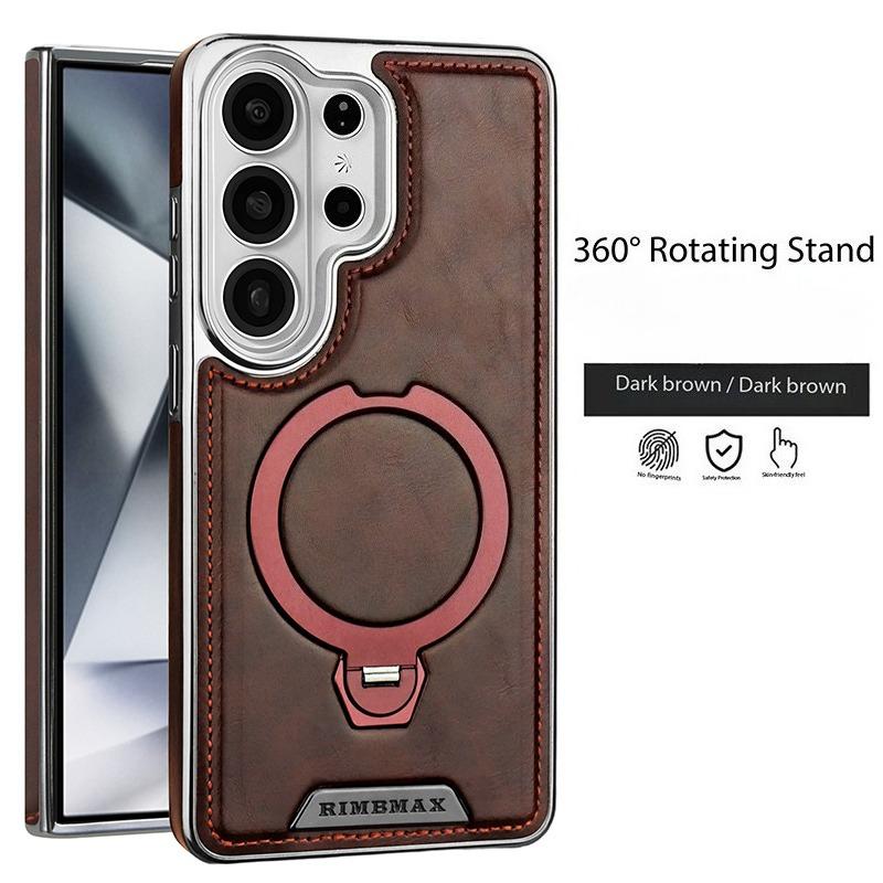 

Magnetic Rotating Bracket Leather Case for Samsung Galaxy S26 Ultra S25 Edge S24 Plus S23 Wireless Charging Plating Phone Cover Galaxy S26 темно-коричневого кольору