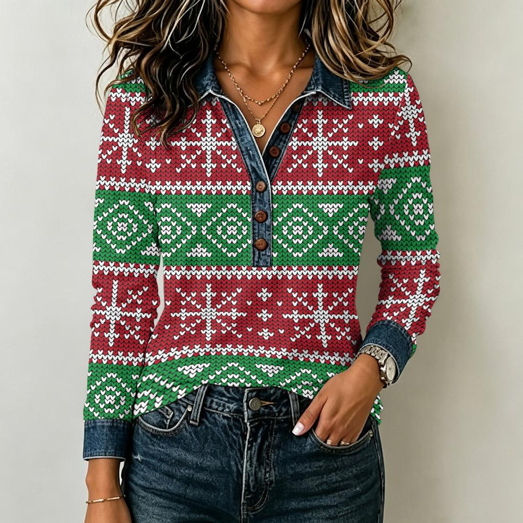 Women's Casual Long Sleeve Top Loose Fit Stylish Color Block Patchwork Shirt Comfortable Everyday Blouse