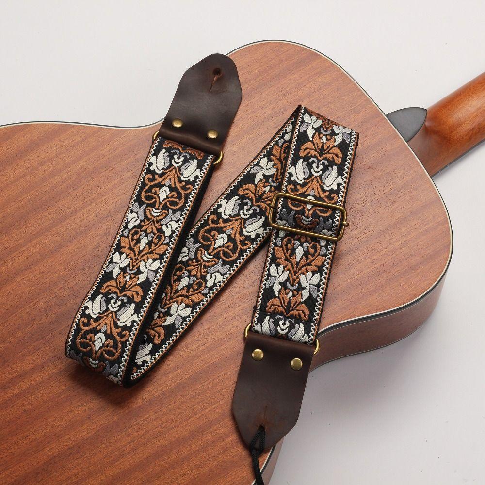 Leather Head Embroidered Guitar Strap Vintage Flowers Electric Guitar Belt  Acoustic Bass