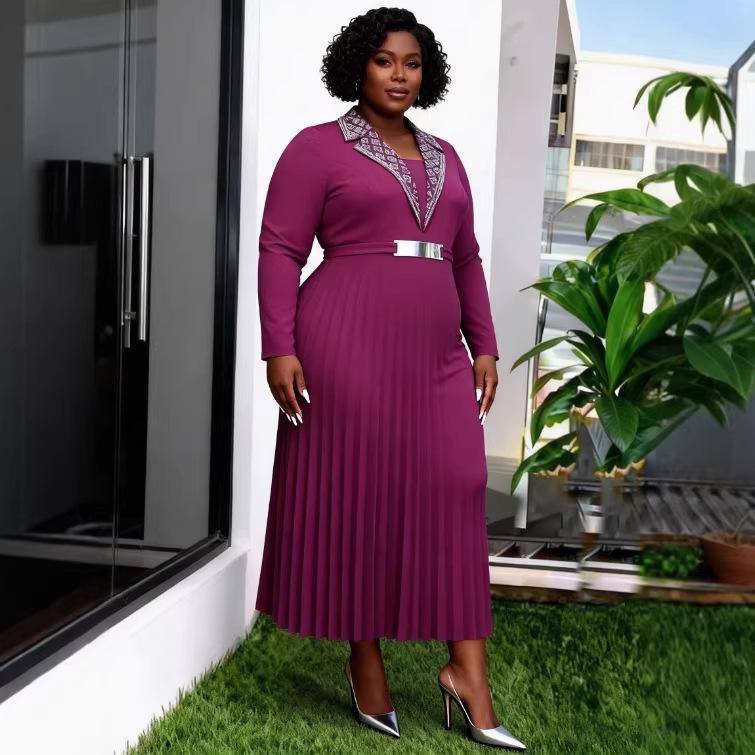 Elegant Plus Size Long-Sleeve Lapel Dress with Pleated Skirt 1XL