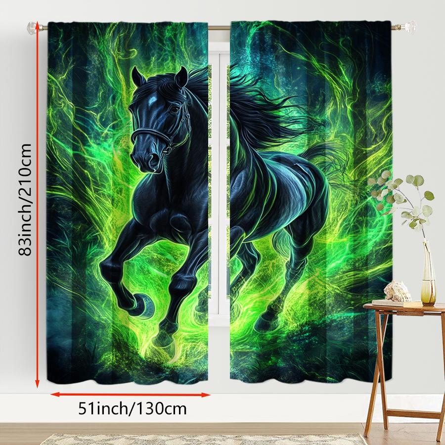 2pcs Enchanted Black Horse & Green Aura Curtains   Perfect for Fantasy/Bohemian Window Decor  Rod Pocket Curtains