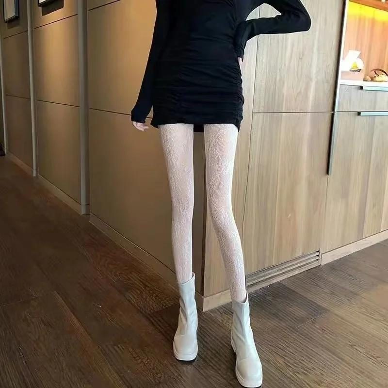 Sexy Black White Lolita Hollowed Lace Mesh Stockings Bottomed Pantyhose Japanese Goth Floral Rattan Stocking Hot Classic Tights