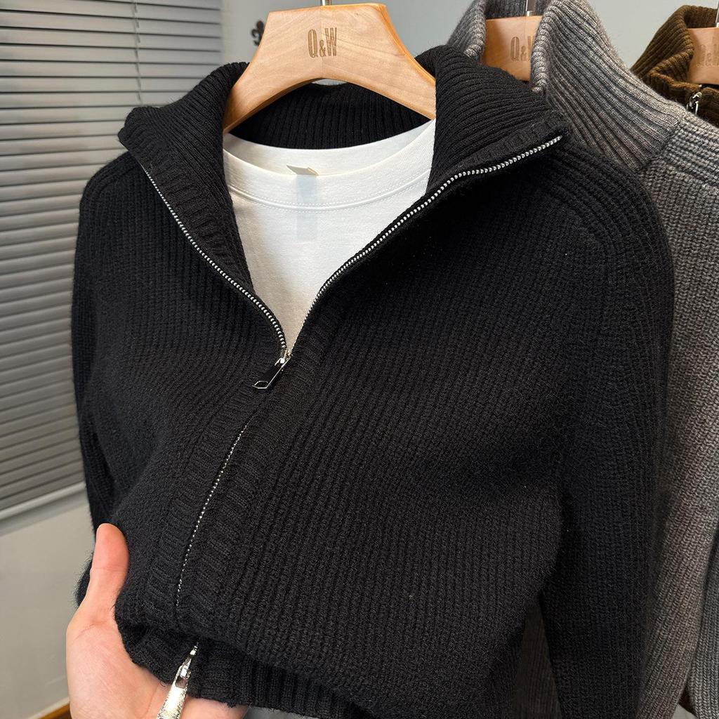 Men's Double Zipper High Neck Cardigan Knit Sweater - Autumn/Winter 2025 Trendy Casual Outerwear