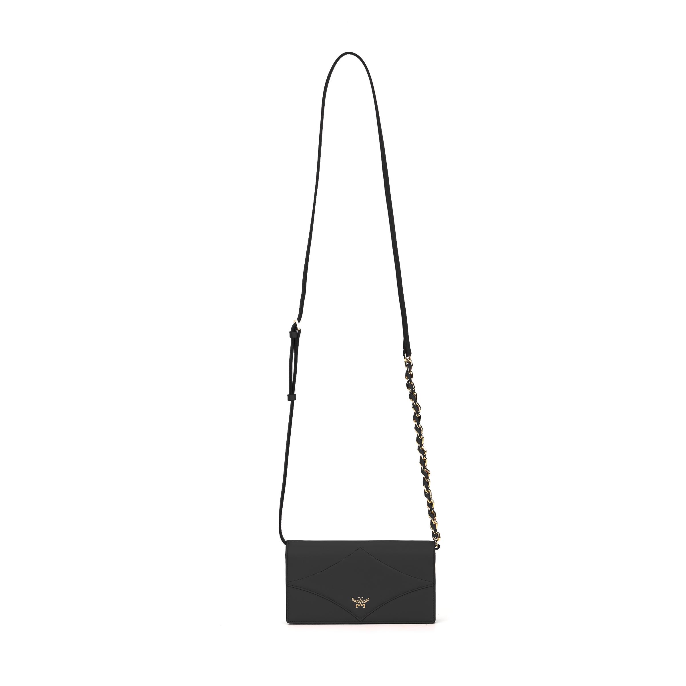 MCM Black Leather Crossbody Wallet-on-Chain with Gold Logo Mixed Strap for Daily Evening Use Basic Set BagDust Bag 17670₽