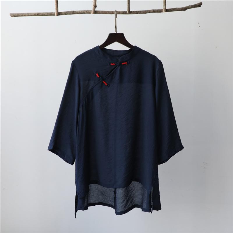 Johnature Women Chinese Style Shirts Tops Stand Long Sleeve Button Summer Solid Color Blouses Loose Shirts