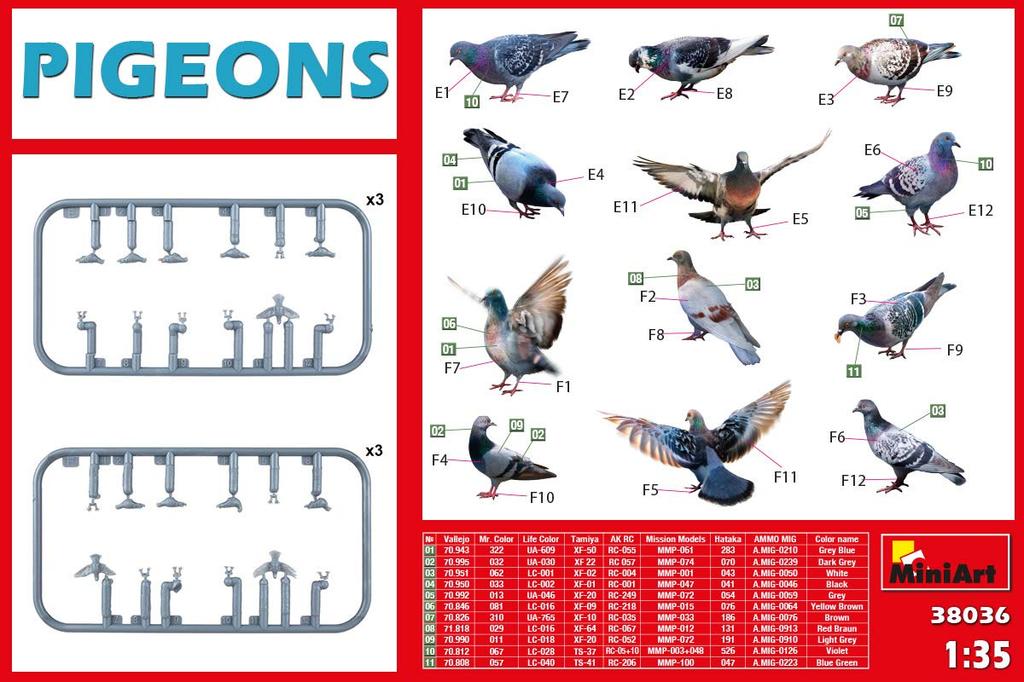 Miniart 1/35 Scale Plastic Model Kit MA38036, Set of 36 Pigeons