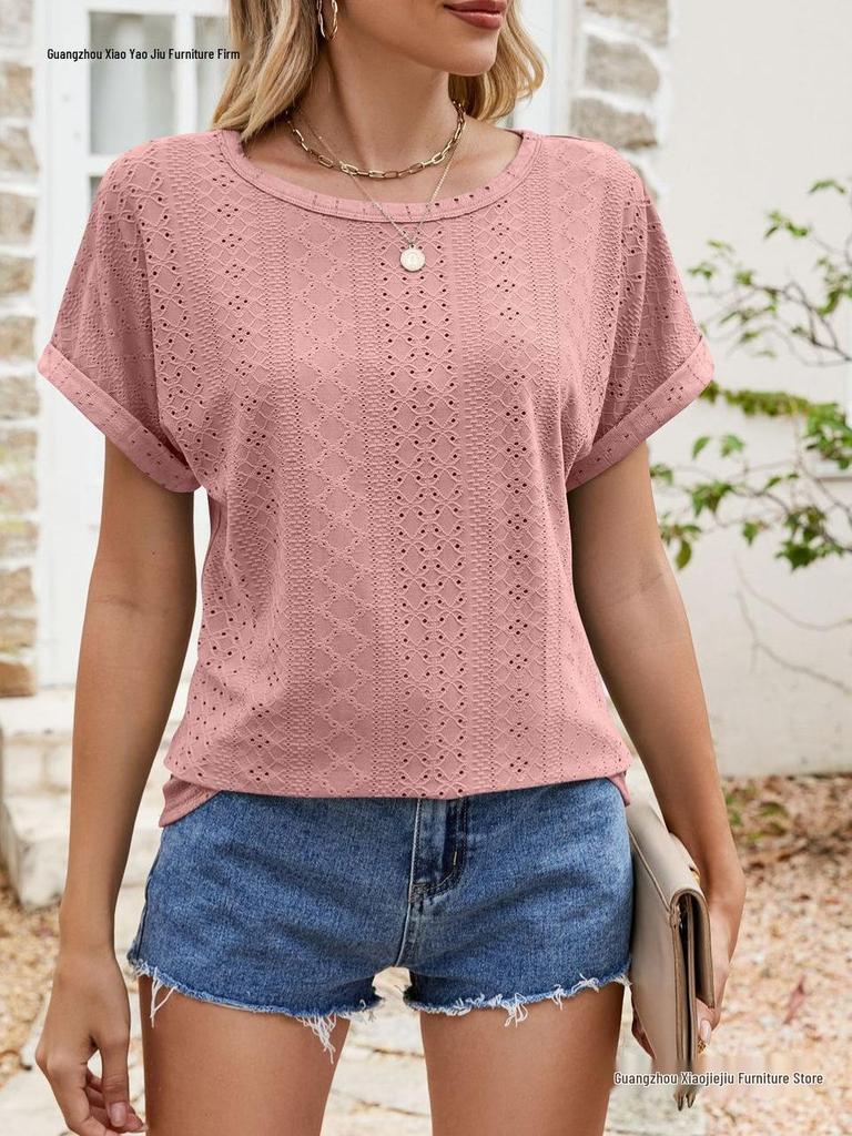 Women's Eyelet Summer Round Neck Short Sleeve Casual T-shirt