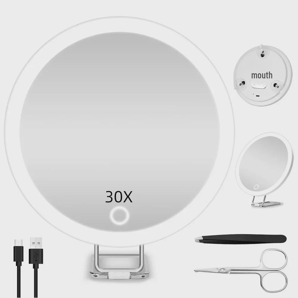 Rechargeable LED Makeup Mirror: 6" 10x/20x/30x Magnification, 360° Rotatable, Suction Cup Mount