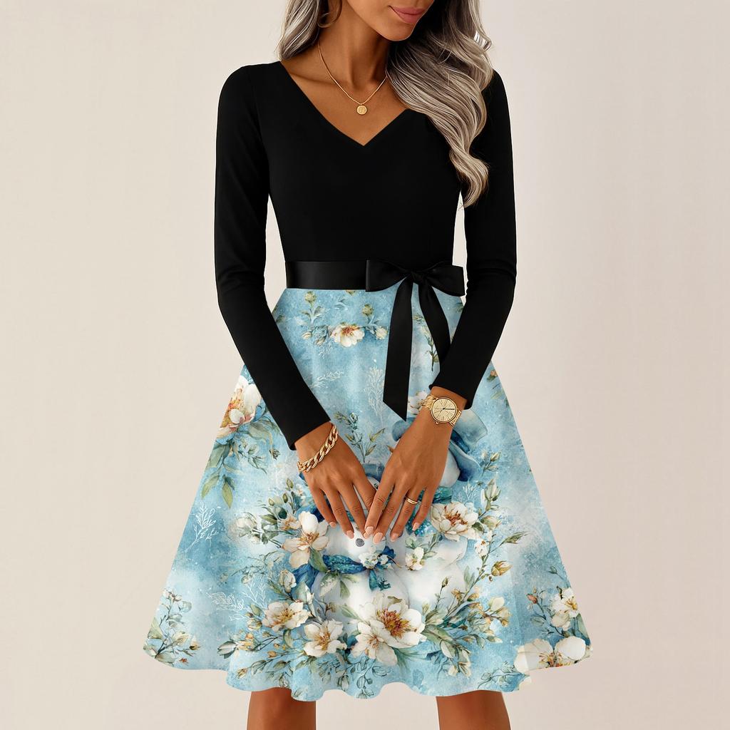 Ladies' Christmas Printed Casual And Fashionable V-neck Long Sleeved Dress