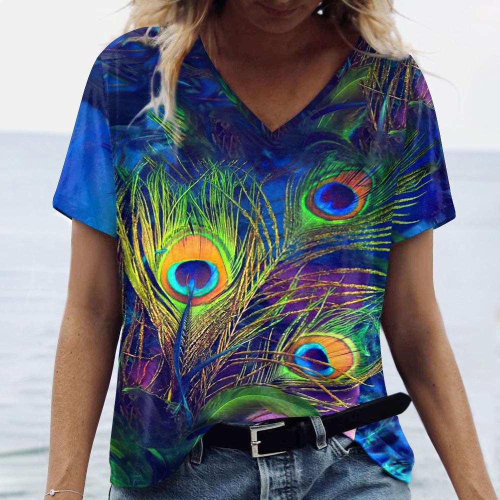 

Новые яркие женские футболки с принтом павлиньего пера размера плюс, топ с v-образным вырезом, женская летняя рубашка, женская одежда, повседневная футболка 6XL
