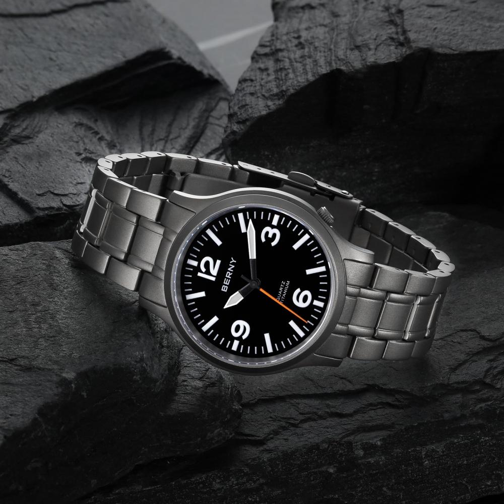 BERNY Titanium Watch Men Men's Watch Men's Watch Japan Sweep Seconds Quartz Movement VH31 5ATM Waterproof Analog Quartz Watch Super Luminous Sapphire