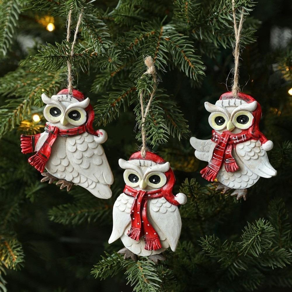 Festive Resin Owl Ornament with Jute Rope Vintage Resin Pendant Xmas Decor Gift Accessory