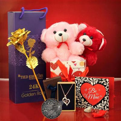 Valentine Gift for Girlfriend Wife Girls Women - Romantic Teddy Bear Card Pendant and Artificial Golden Rose Flower with Box Hamper