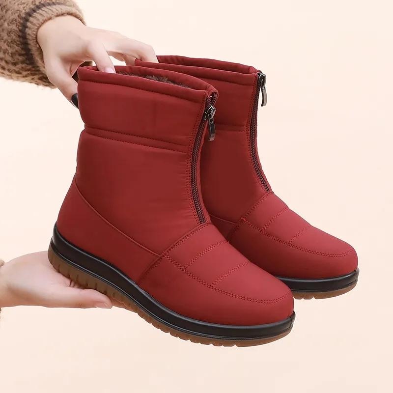 Wasserdichte Schneestiefel für Damen Winter Warme Plüsch-Knöchelstiefel Reißverschluss vorne Rutschfeste Baumwollgefütterte Stiefel