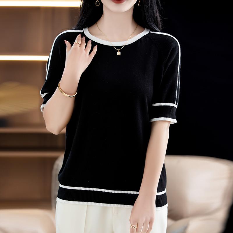 Round Neck Cotton Thread Color-blocking Knitted Short-sleeved Women's Summer New Korean Loose Versatile Simple Sweater Top