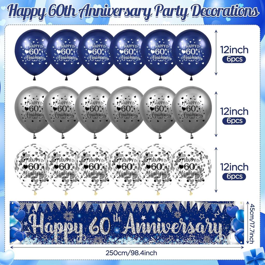 Blue Silver 60th Wedding Anniversary Decorations for Men Women Blue Silver Happy 60th Anniversary Banner and 18Pcs Balloons for 60 Years Wedding