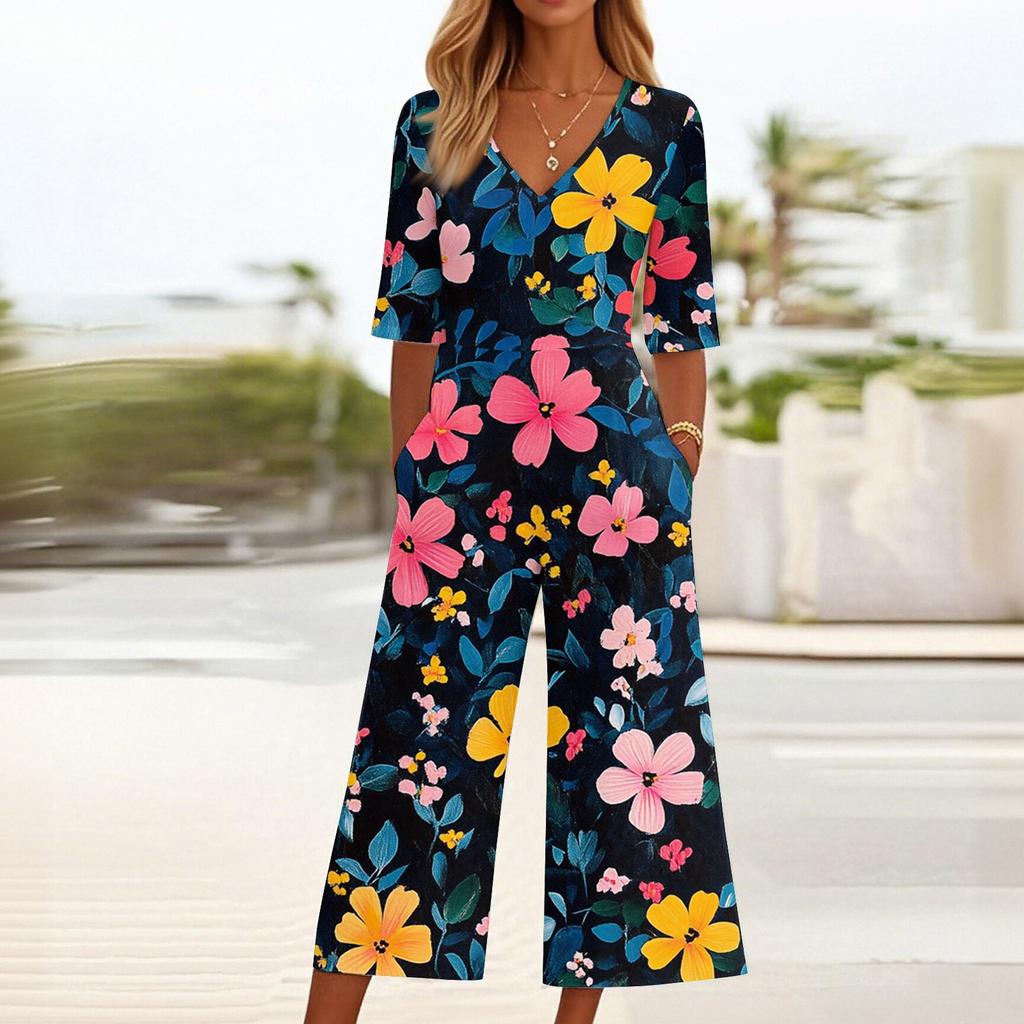 Women's Loose Casual V-Neck Printed Jumpsuit Slim Fit Wide Leg Jumpsuit Wide Leg Jumpsuit