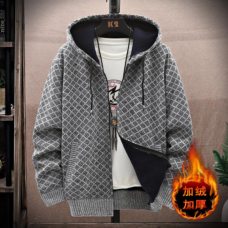 Autumn and Winter New Men's Casual Hooded Sweater Jacket Versatile Velvet Thickened