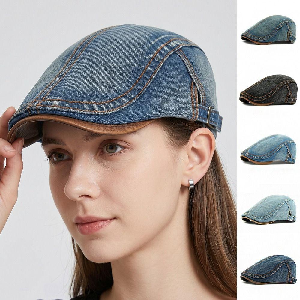Casual Cotton Washed Denim Newsboy Caps British Style Adjustable Painter Beret Solid Color Forward Hat Peaked Cap Men