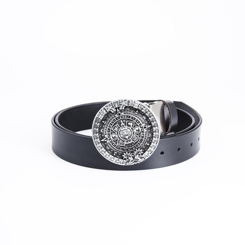 Glossy Whole Cowhide Belt, Zinc Alloy Ancient Tin Aztec Calendar Belt, Retro Large Size Pure Leather Belt.