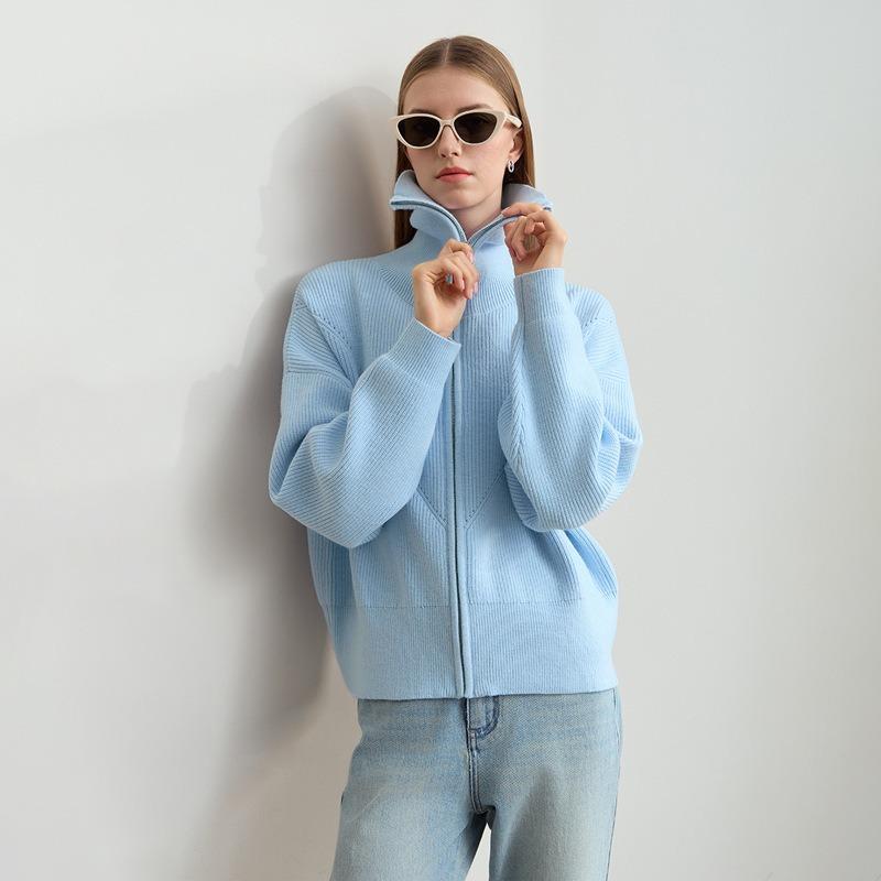 Lazy Style Zipper Navy Neck Knitted Cardigan for Women Soft and Thick Sweater Coat for Autumn and Winter Short Top one size небесно-голубой 2649₽