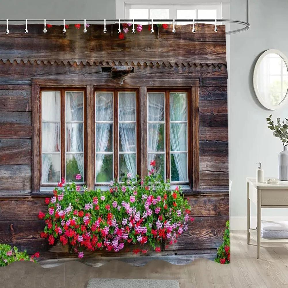 Forest Shower Curtains Sunshine Green Trees Plants Brown Window Nature Landscape Polyester Bathroom Curtain Set Decor with Hooks