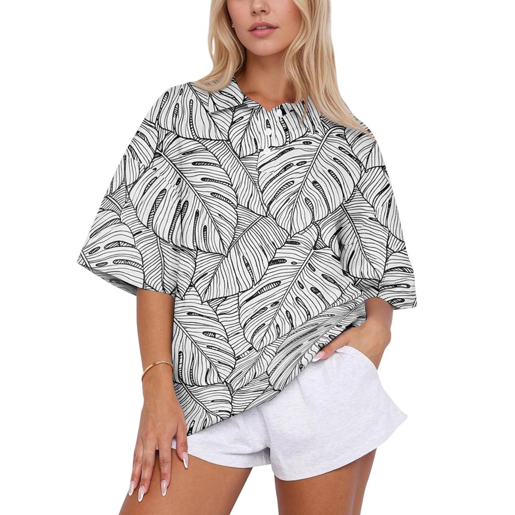 Women’s Fashion Casual Polo Collar Loose Fit Top Short Sleeve Floral Print Blouse Relaxed Lapel Shirt for Daily Wear