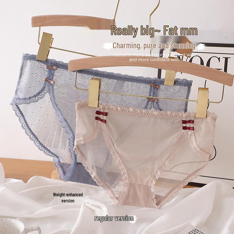 Soft & Cute Cheongsam: Sexy Lace Plus Size Women's Panties with Double Bow, Ice Silk Mesh, Mid-Low Waist.