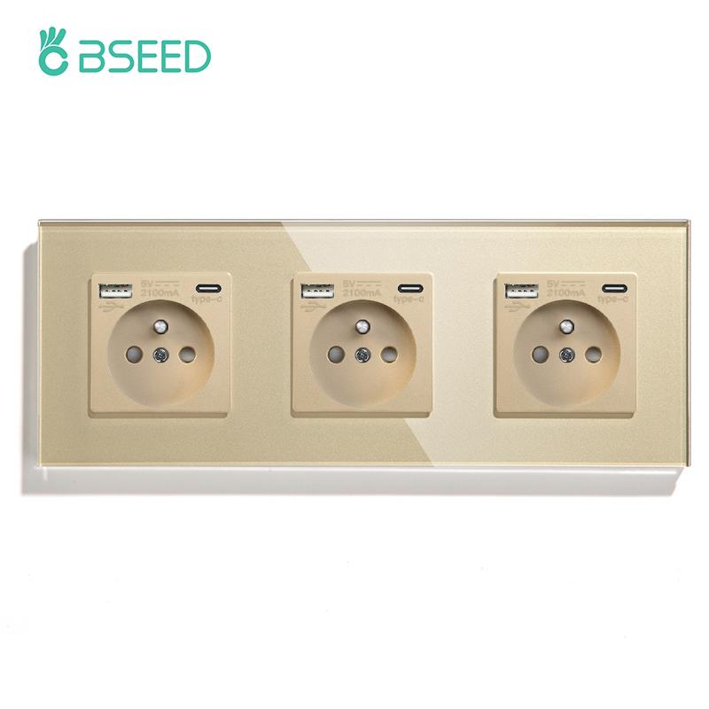 BSEED Single French Wall Socket Double Power Sockets Triple Electric Sockets With Type-c Double USB Charing Ports  Glass Frame