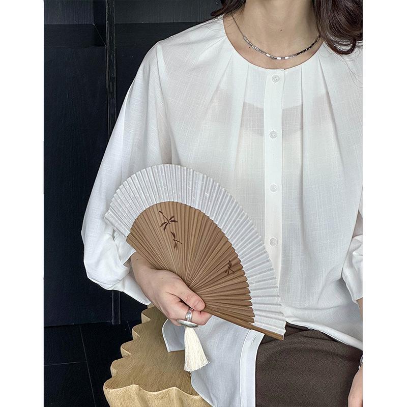 Ju Zhi 2025 Spring Chic Solid Color French Round Neck Gathered Sleeve Women's Shirt